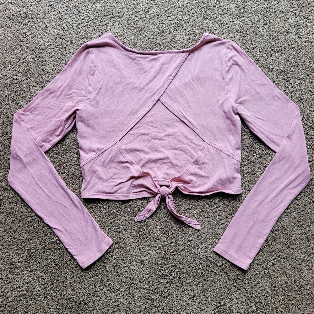 Aeropostale Womens Crop Top M Tie Cross Key Hole Back Pink Long Sleeve Bow Prepy
